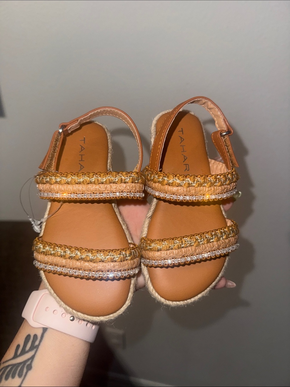 Tahari Girls' Tan and Gold Braided Beaded Sandals